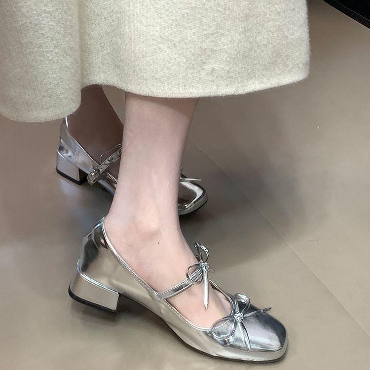

Silver high-end bow with skirt single shoes women s 2025 new thick heel temperament word with Mary Jane single shoes 39 серебряный