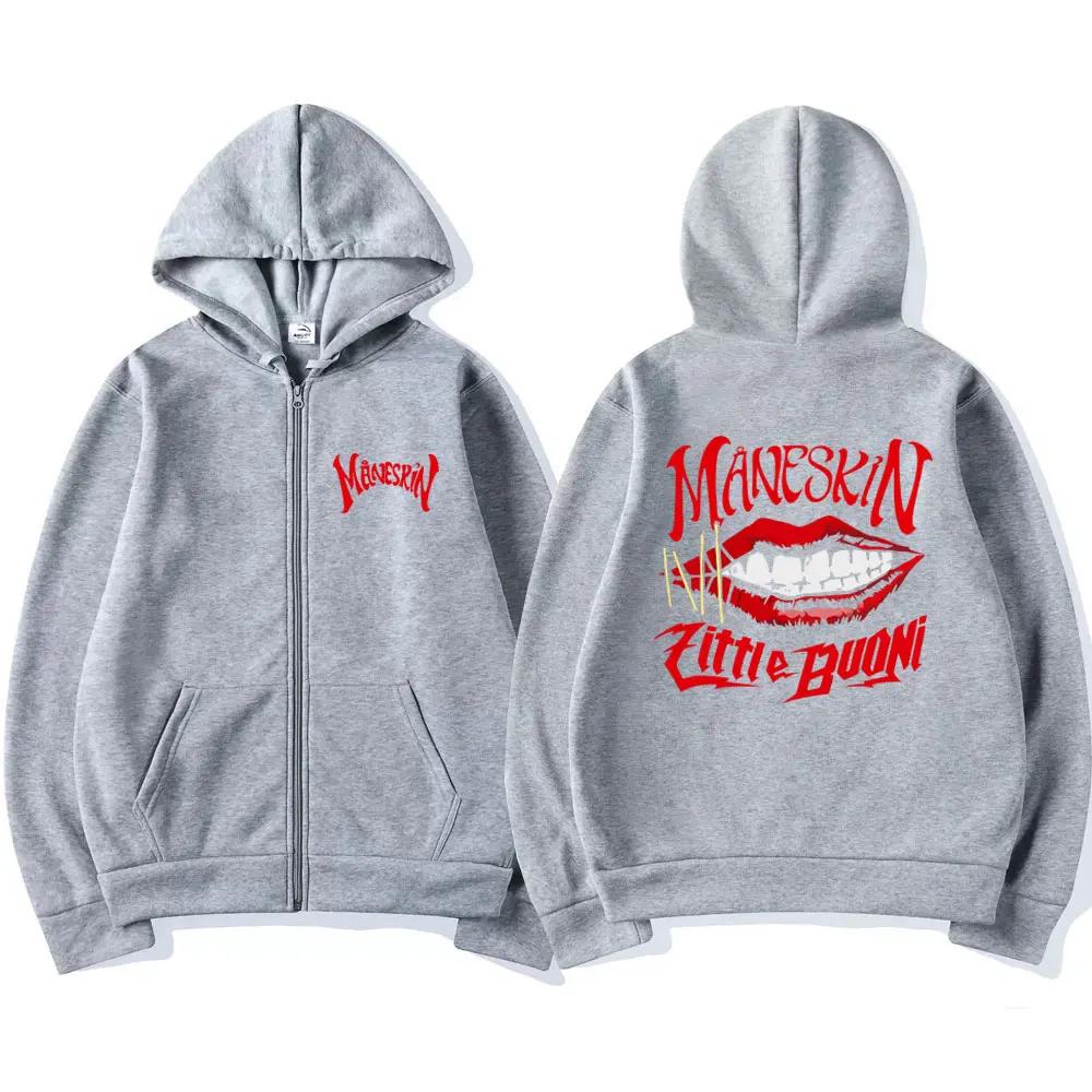 Sweat à capuche zippé avec bouche Maneskin, groupe de rock italien, pour homme et femme, surdimensionné, décontracté, cardigan zippé, manteaux mode rétro