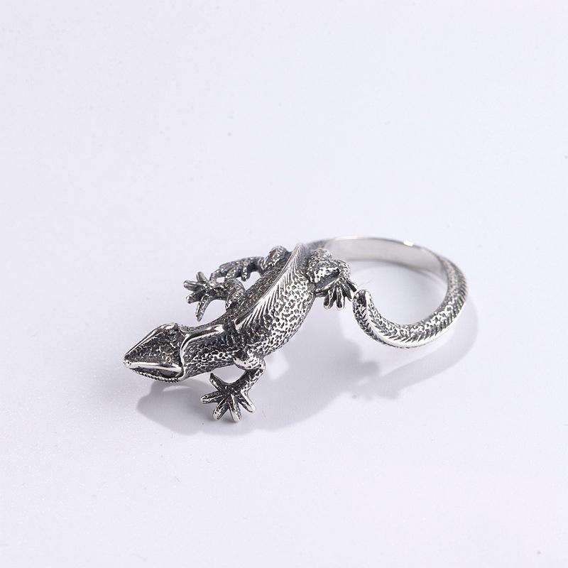Trendy S925 Silver Ring Male Jewelry Retro Lizard Gecko Pattern Ring For Men Personality Adjustable Index Finger Accessories