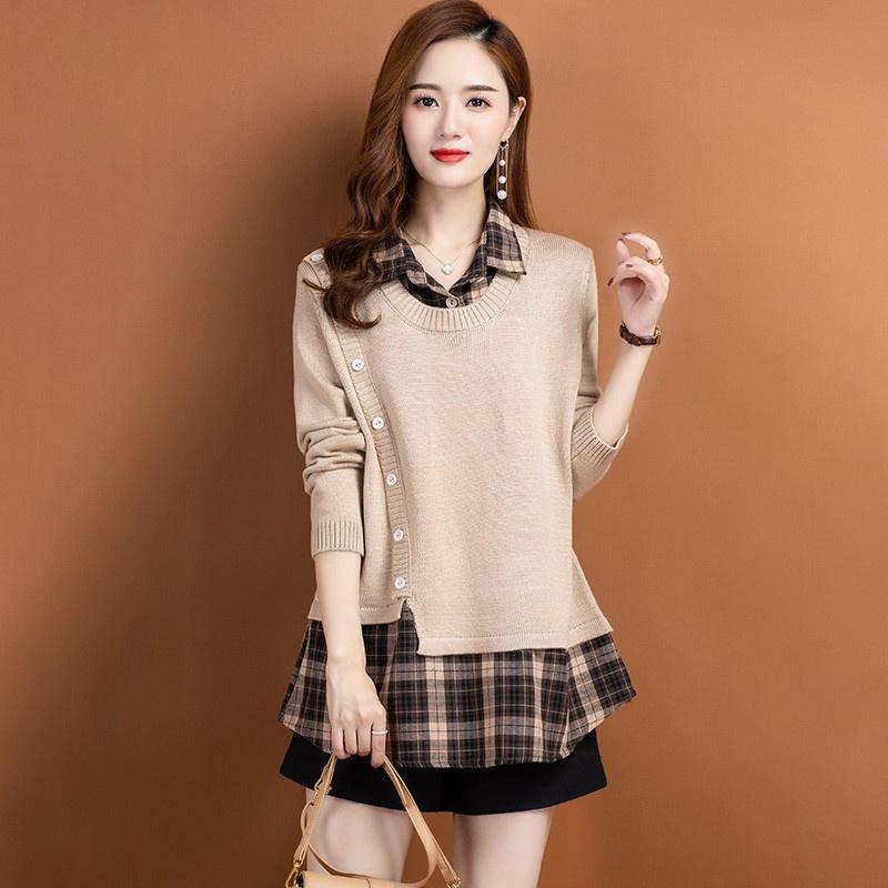Frühling Herbst Gefälschte Zwei Stücke Pullover Mode Hemd Kragen Plaid Patchwork Gestrickte Pullover Tops Weibliche Pullover Mantel