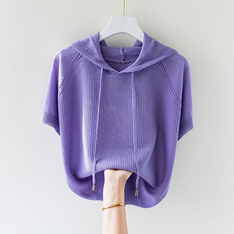 

Летняя толстовка с короткими рукавами из ледяного шелка с капюшоном для женщин, тонкая толстовка с капюшоном больших размеров, вязаный свитер 2XL