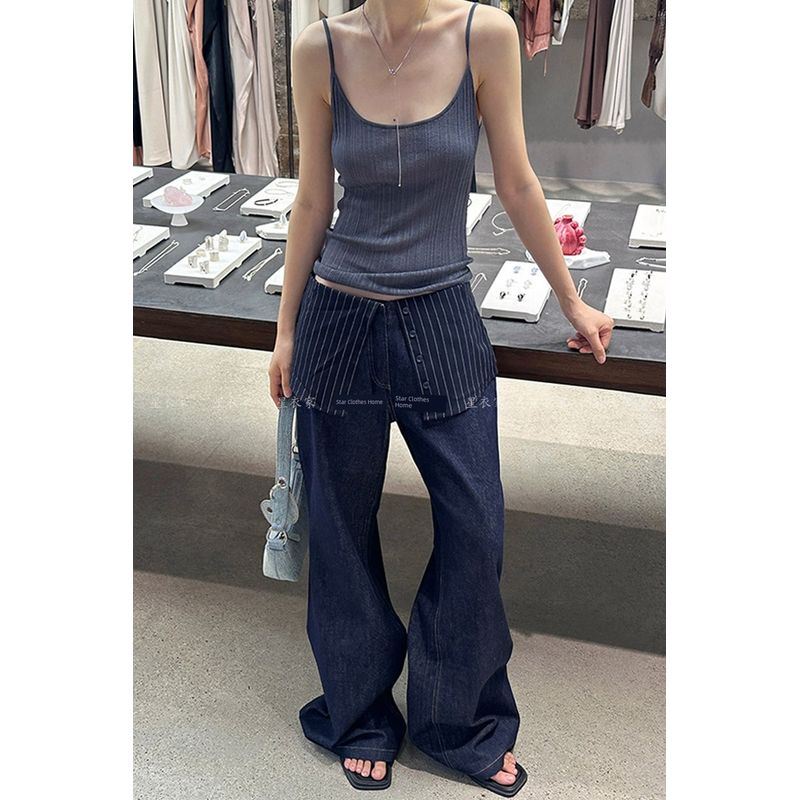 

Fashion Retro Washed Fake Two-Piece Denim Female 2025 Summer Sexy Stylish Deconstruct Patchwork Mop Trousers Fake Two-Piece L