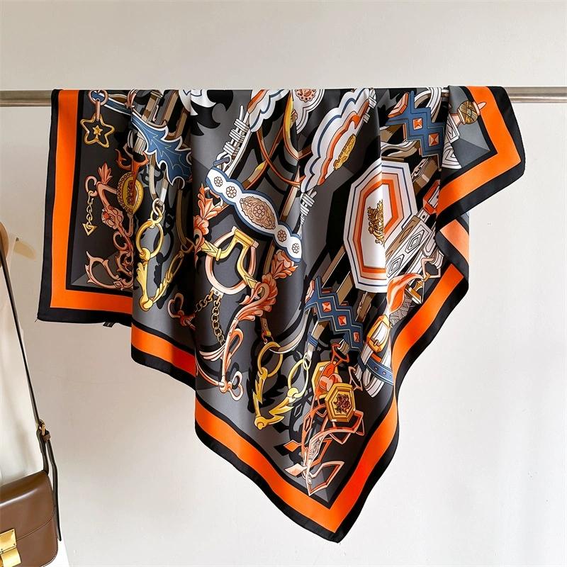 90CM Square Scarves Geometrical Print Twill Silk Foulards Femme Wraps Beach Shawls Bandana Lady Hijabs