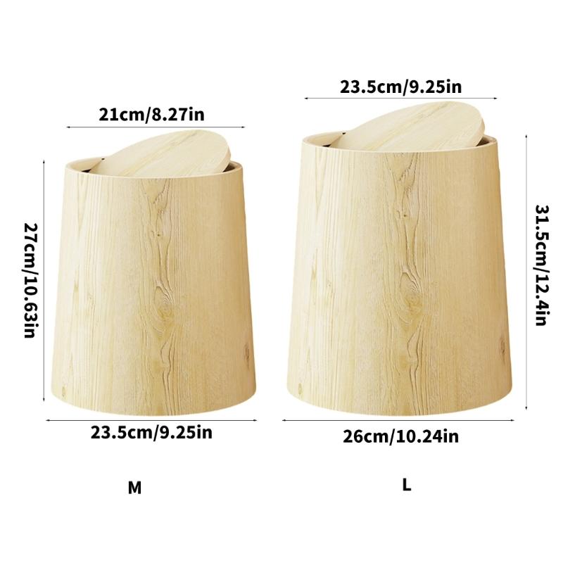 Retro Plastic Wastebasket with Simulation Wood Grains Pattern Flips Top Cover Trash Can For Small Space Office and Bedroom