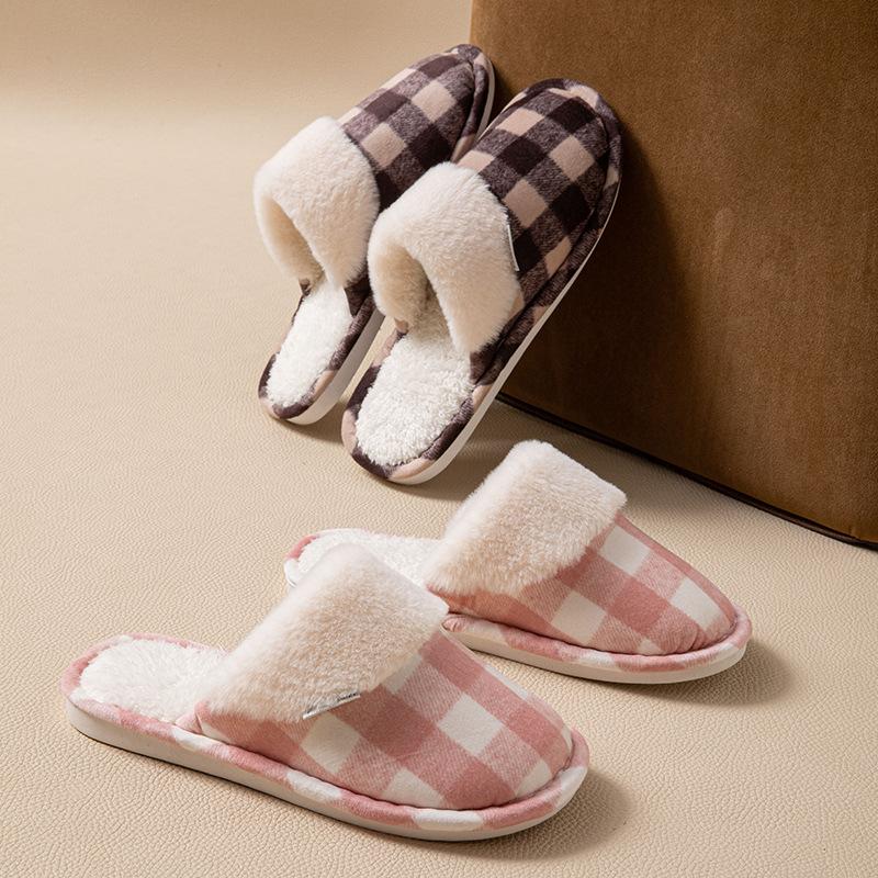 Retro plaid cotton slippers men's winter indoor home non-slip thick-soled plush warm cotton slippers women's winter
