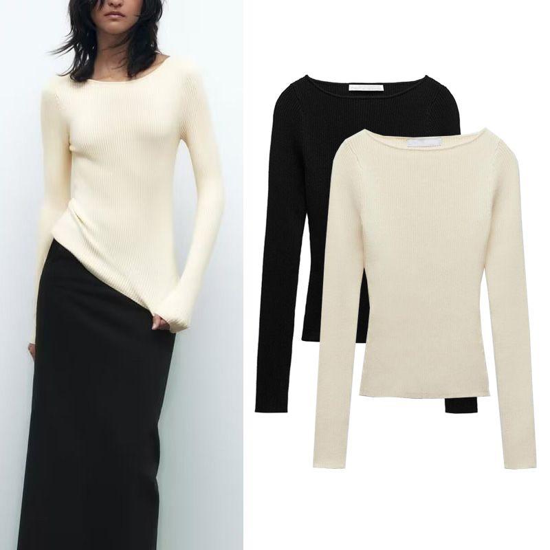 Basic Straight-leg Silm off-Neck Long Sleeves Rib Sweater
