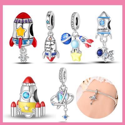 Copper Star Blue Glowing Heart Rocket Astronaut Beads Pendant Charm For Original Bracelet Woman Girl Jewelry