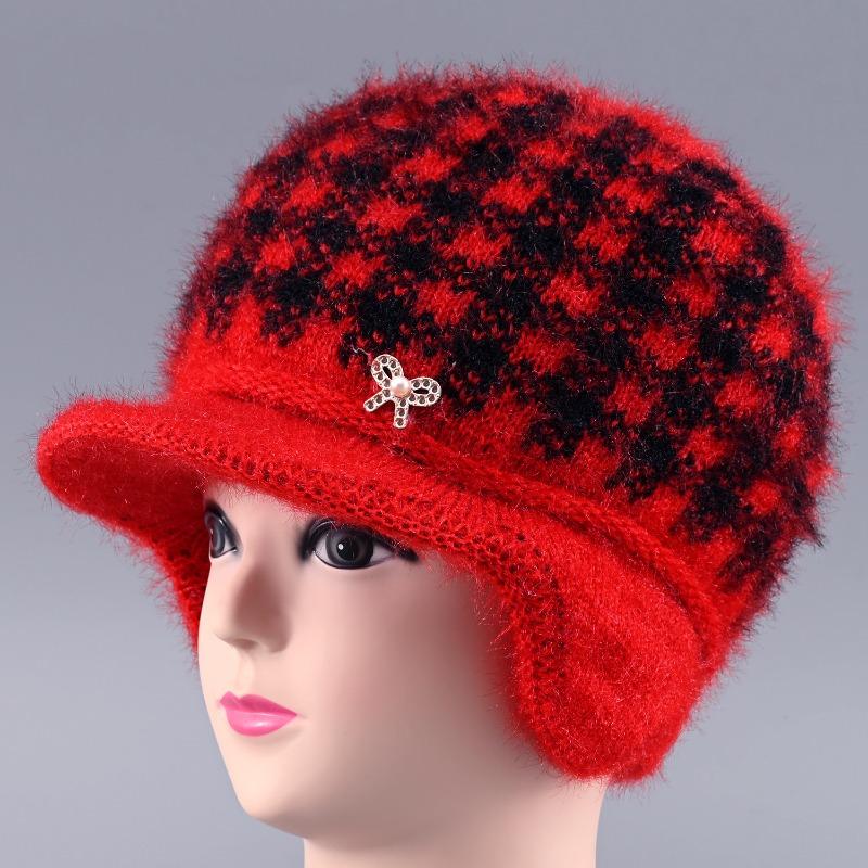 Hat Female Winter Rabbit Hair Warm Wool Hat Old Lady Cold Protection Ear Protection Knitted Hat