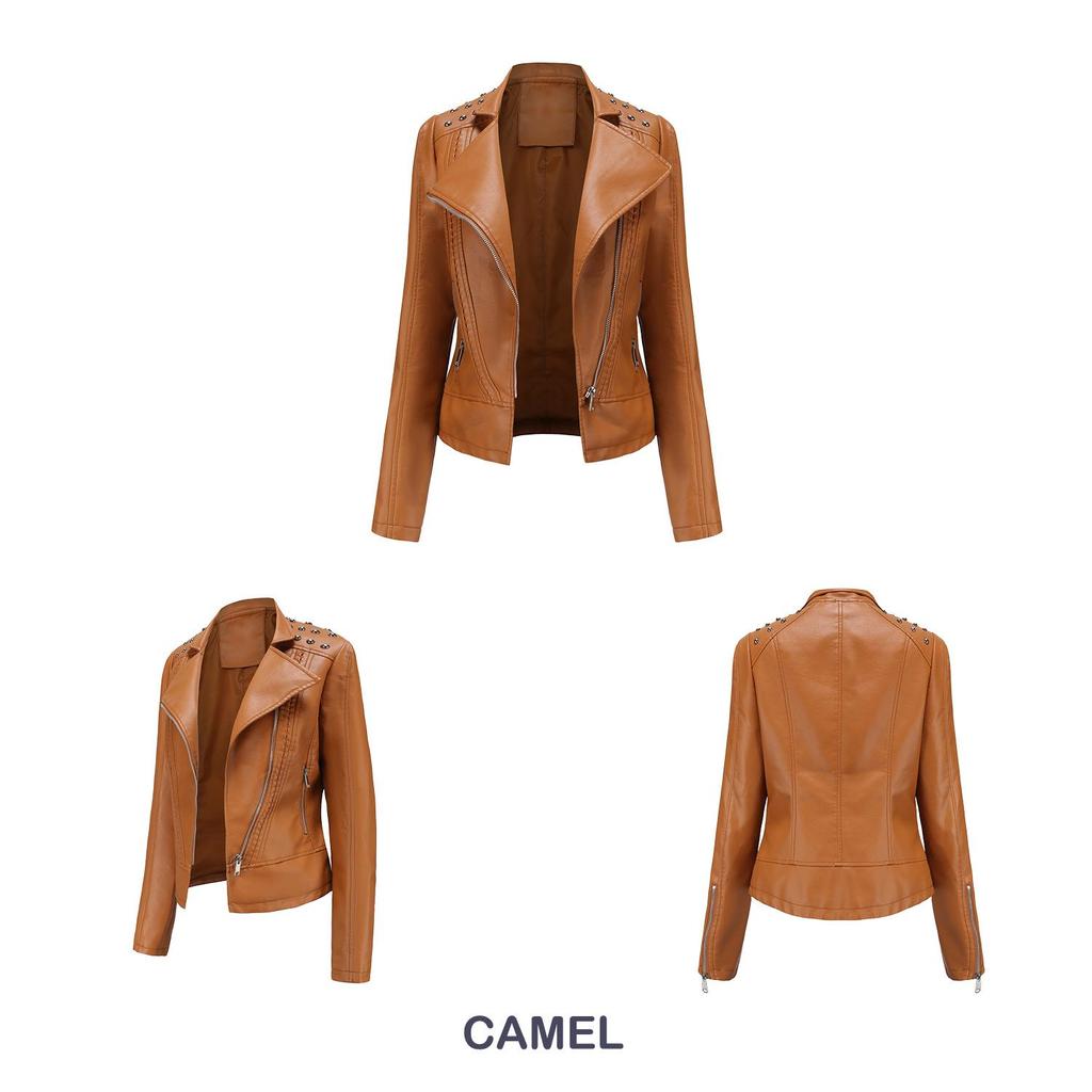 European Women's Beaded Leather Motorcycle Jacket - Long Sleeve, Lapel, Thin Fashion for Spring and Autumn 2023
