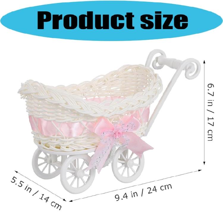 Woven Miniature Trolley Shape Baby Shower Candy Basket Artificial Rattan Strollers Flower Basket Multifunction Party Decors