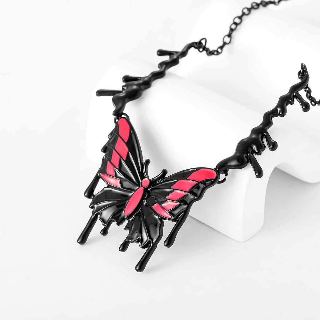 Necklace Personality Sexy Electrophoresis Black Drop Oil Powder Butterfly Pendant Collarbone Chain Necklace Female