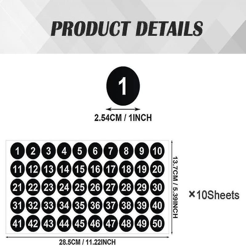 10 Sheets Number Stickers, 1 To 50 Number Self Adhesive Stickers, Sticky Round Number Labels, 1 Inch