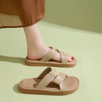 Chaussures pour femmes 2024, nouvelles pantoufles d'été à bout ouvert pour femmes, style rétro, semelles solides, décontractées, confortables, plates
