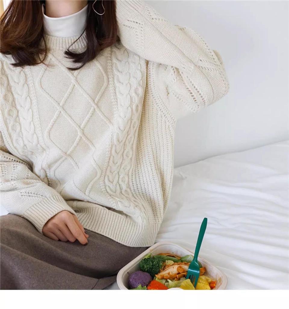 2025 Autumn/Winter Women's 100% Pure Wool Sweater—Round Neck, Warm Diamond Pattern, Classic Versatile Loose Fit