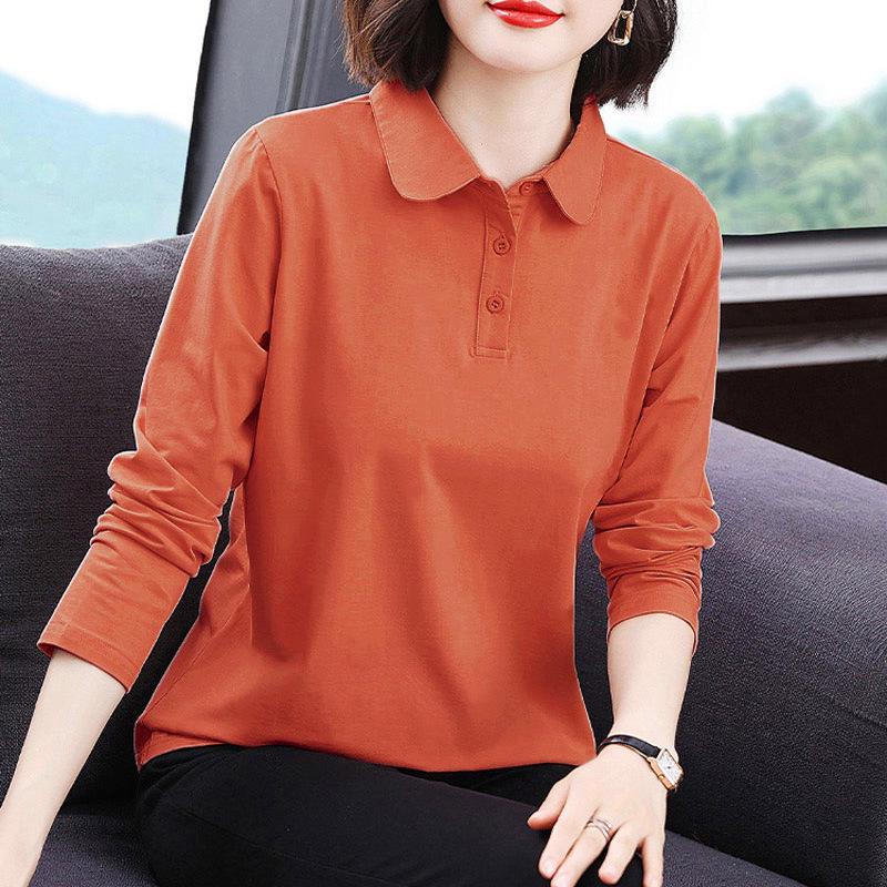 Solid Color Long Sleeve Polo Shirt for Middle-Aged Women - Spring/Autumn Pure Cotton Lapel Top with Collar