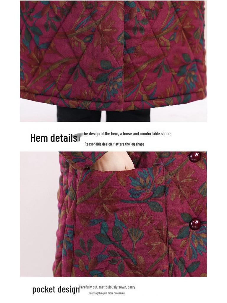 Stylish and Warm Mid-Length Floral Cotton Jacket for Middle-Aged Women, Plus Velvet, Thickened for Winter