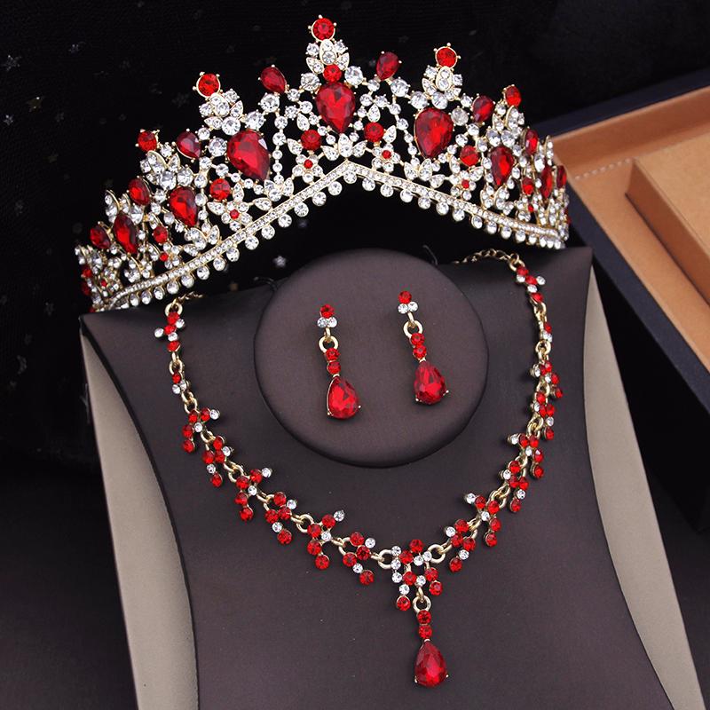 Lila Farben Hochzeitskrone Brautschmucksets für Frauen Choker-Halsketten-Sets Tiaras Ohrringe Schmuck Abschlussball-Kostümzubehör