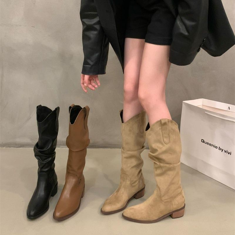 Fashion Vintage Chunky Heel Western Cowboy Boots for Women Winter New Style Faux Suede Ankle Boots Woman Pointy Chunky Heels Short Boots