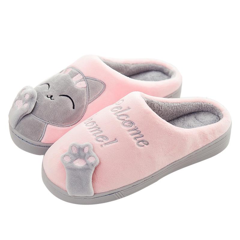 Winter Women's Cute Cartoon Closed Heel Velvet Slippers - Non-slip, Warm, Indoor Cotton Fur for Couples