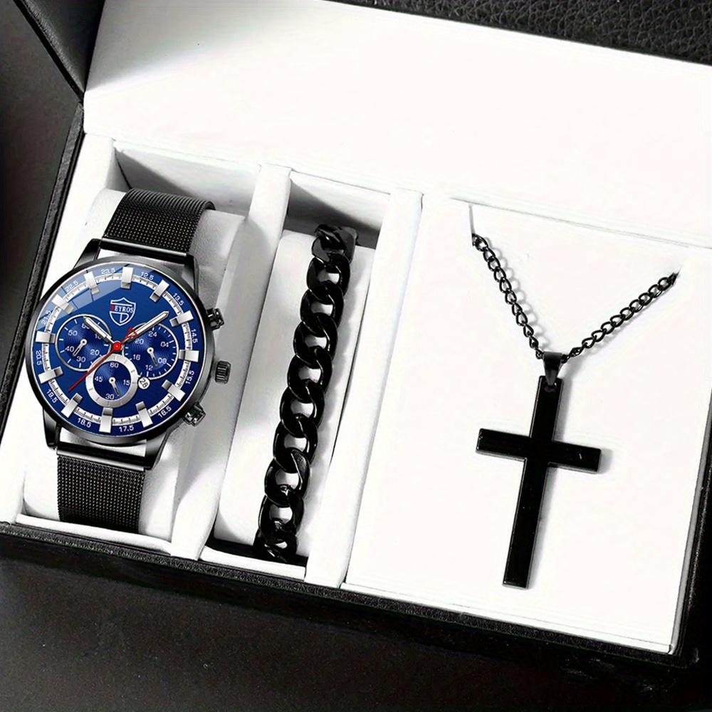 3ST Set Mode Business Guld Lyx Herrklocka Rostfritt stål Mesh-rem Datum Herrklocka & Armband & Korshänge, Herrpresenter