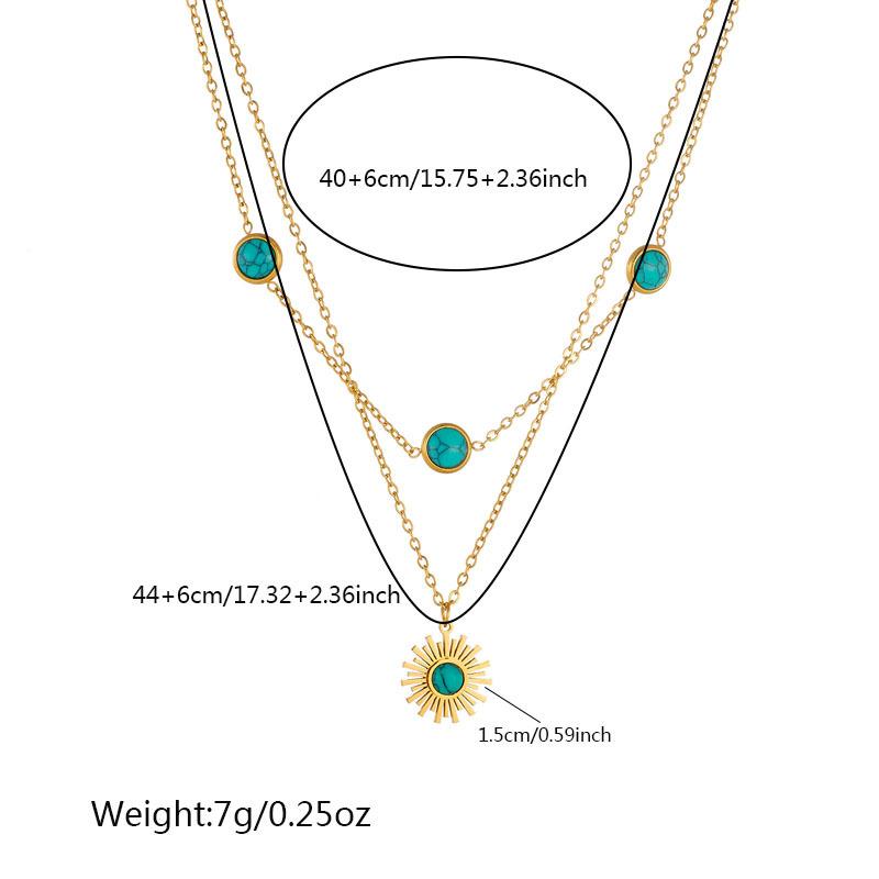 18K Gold Plated Layered Turquoise Sun Pendant Necklace, Dainty Double Chain Boho Choker for Women, Trendy Jewelry
