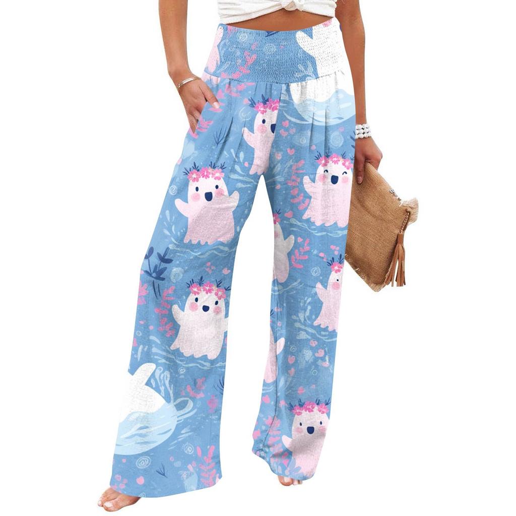 Women's Casual Time Straight Leg Pants Print High Waist Pants With Pockets