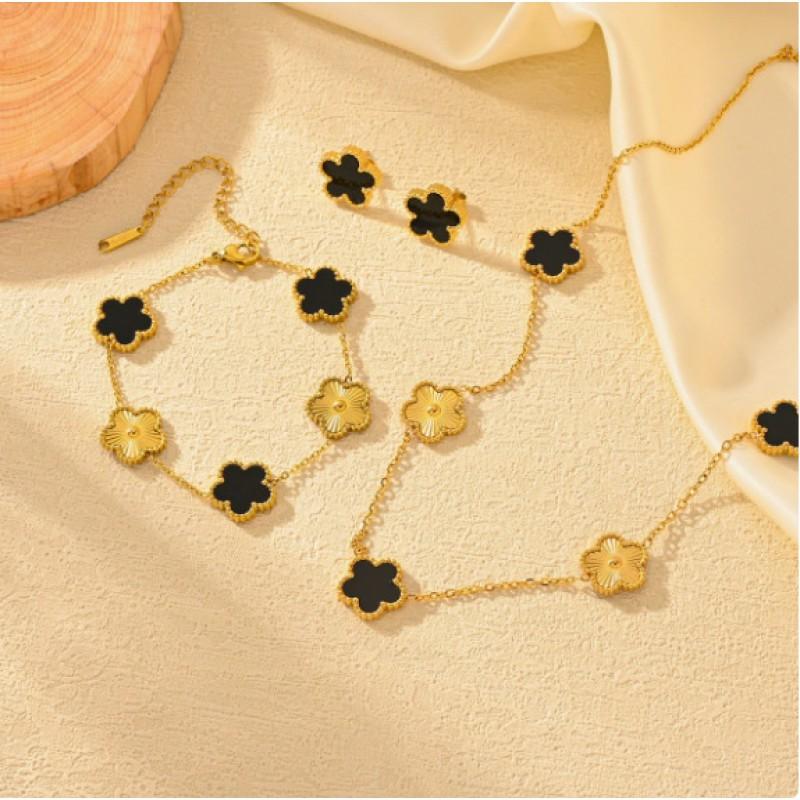 Double-Sided Lucky Clover Titanium Steel Necklace Earring Set Women Minimalist Fashion Daily Wear