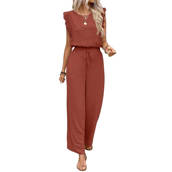 

Женский летний костюм из двух предметов, ажурная отделка, топ без рукавов и брюки широкого кроя, пляжный дорожный спортивный костюм, повседневный лаунж-комплект S