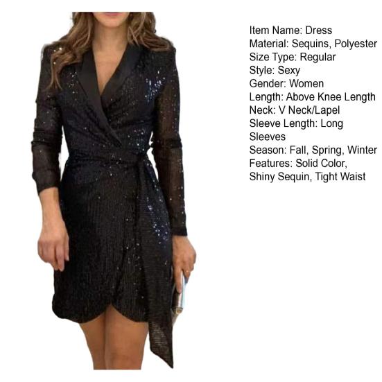 Women Prom Party Dress Lapel V Neck Lace Up Wrap Tight Waist Shiny Sequin Long Sleeve Slim Fit Solid Color Irregular Commute Mini Dress