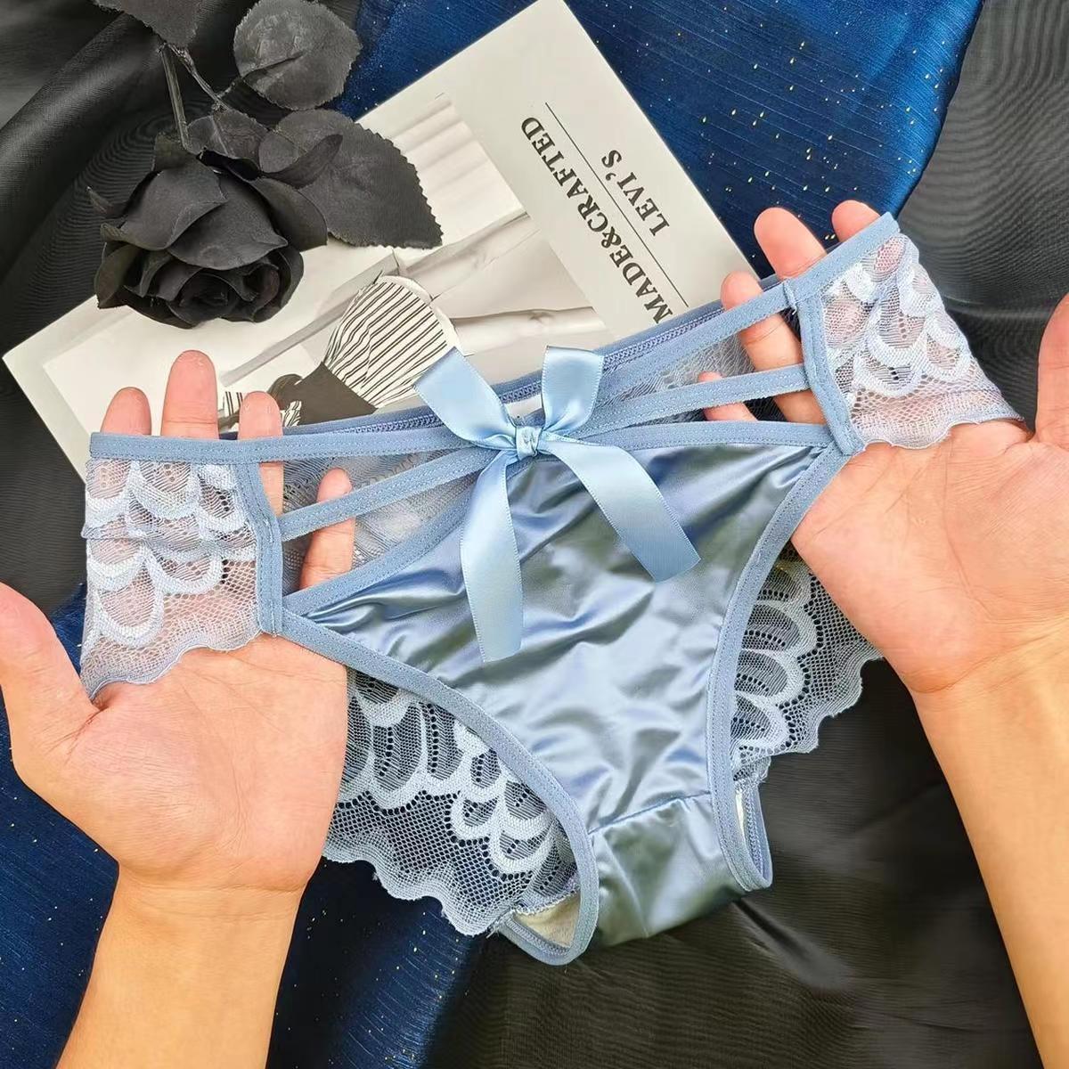 

Трусики с бантом и кружевом для женщин, атласные, из чистого хлопка, с промежностью, дышащие, сексуальные, со средней талией, женские трусы, нижнее белье, панталоны XL синий