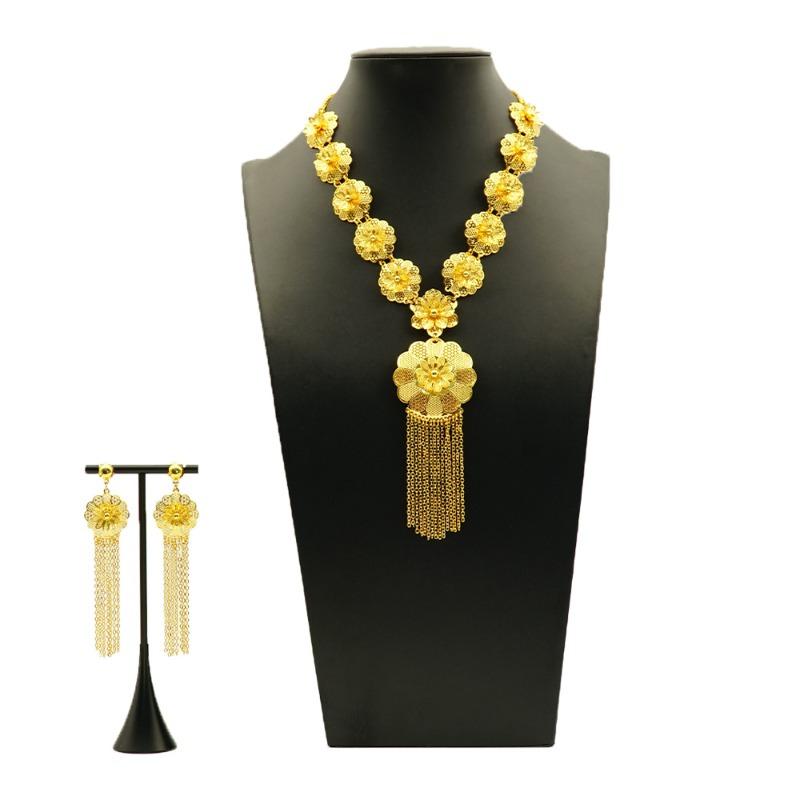 Gold Plated Flower Necklace Earrings Jewelry Set Wedding Bridal Jewelry Accessories