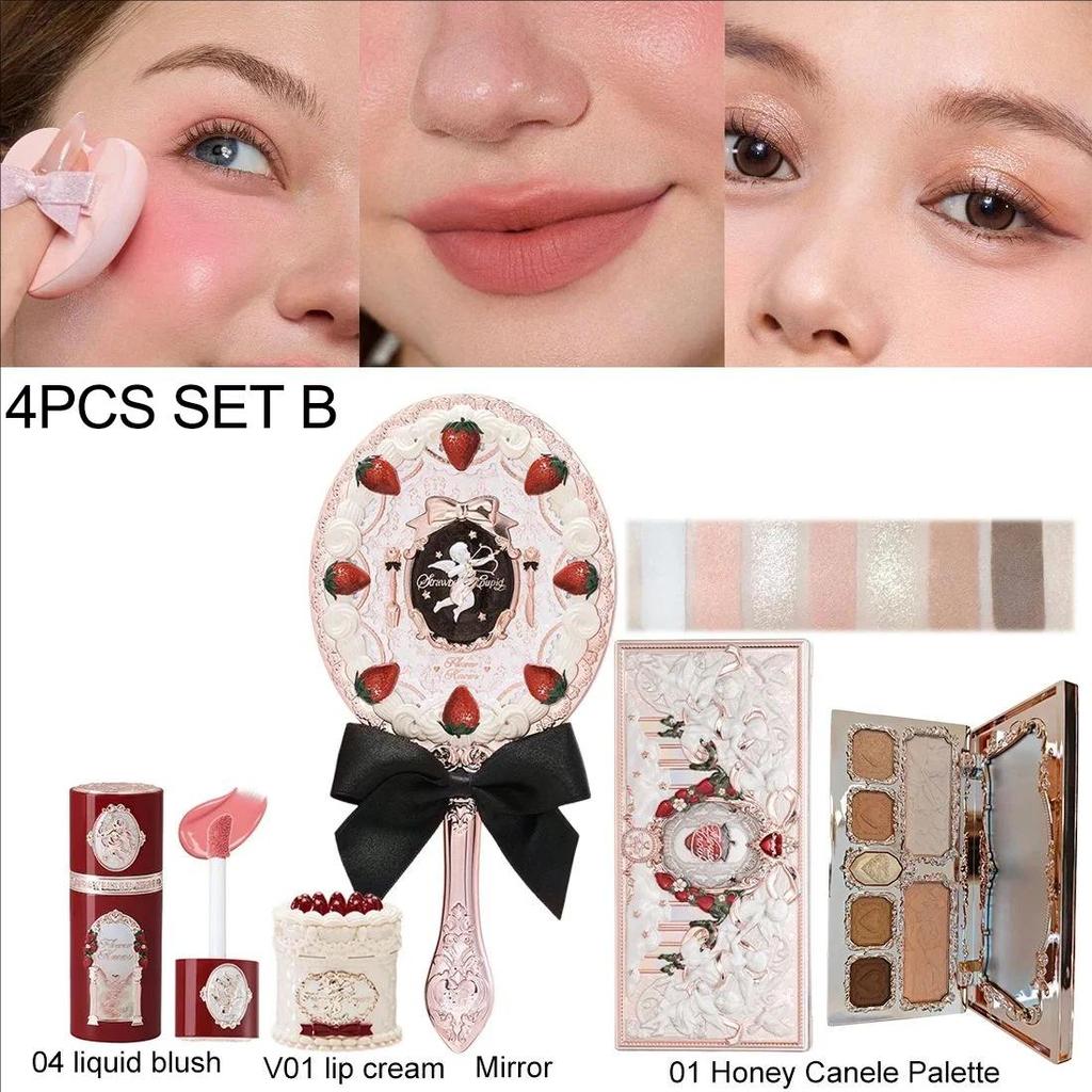 Flower Knows Erdbeer-Cupid Samtige Matte Lippencreme Gepresstes Puder Flüssiges Rouge Set Langanhaltendes Leichtes Make-up
