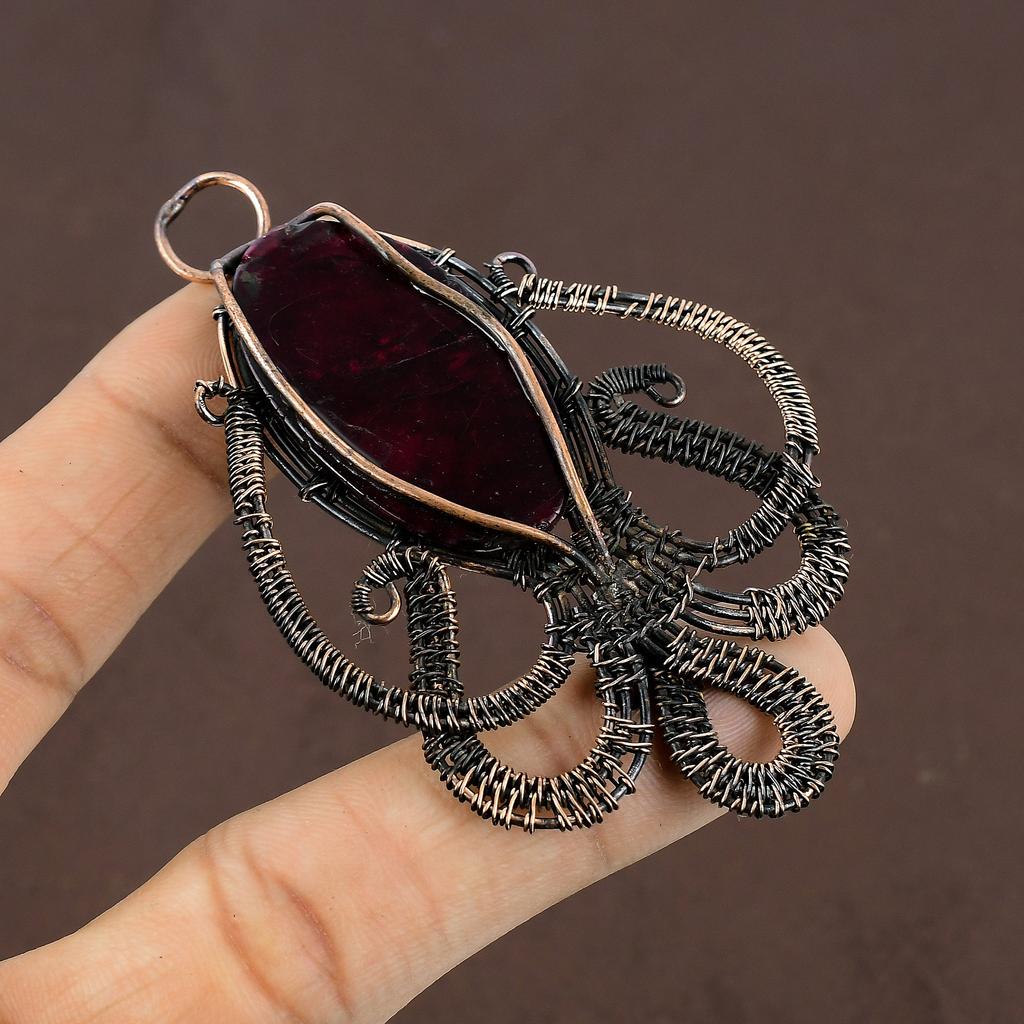 Natural Octopus Red Labradorite Handmade Copper Wire Wrap Pendant 3.27" w2R27