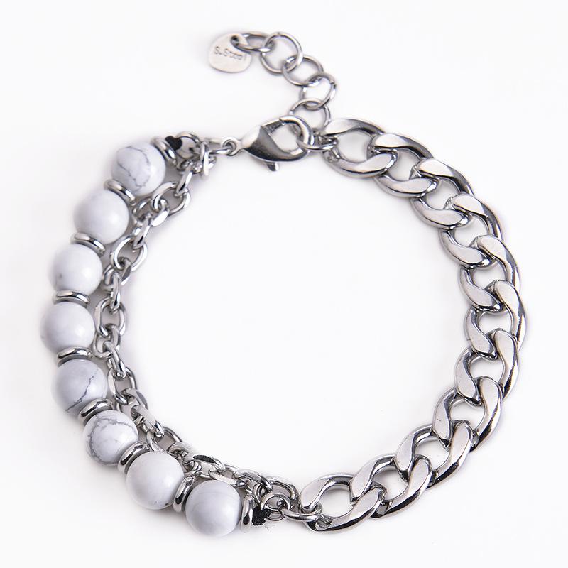 Meier Stainless Steel Men's Bracelet, Double-layer Tiger's Eye Stone Bracelet, Natural Stone Beaded Chain Bracelet