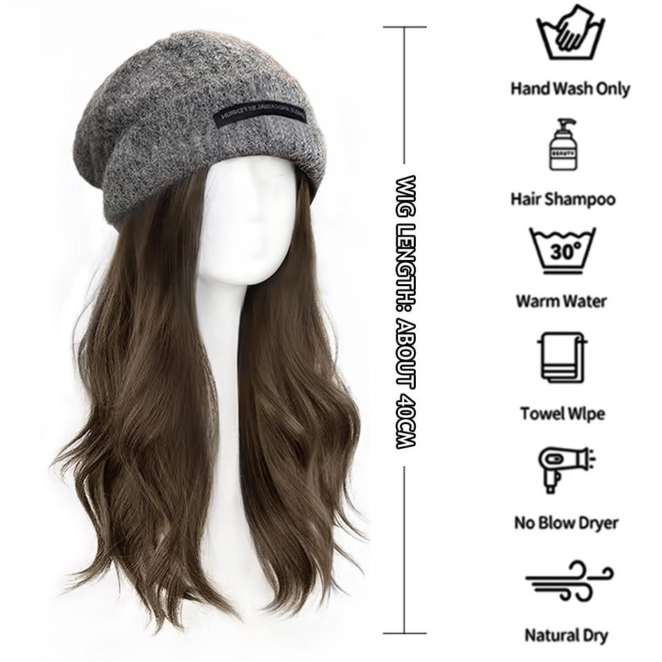 WTB Hat Wig Integrated Synthetic Wig Women Fashion Autumn And Winter Gray Warm Wool Knitted Hat Long Curly Wig Hat