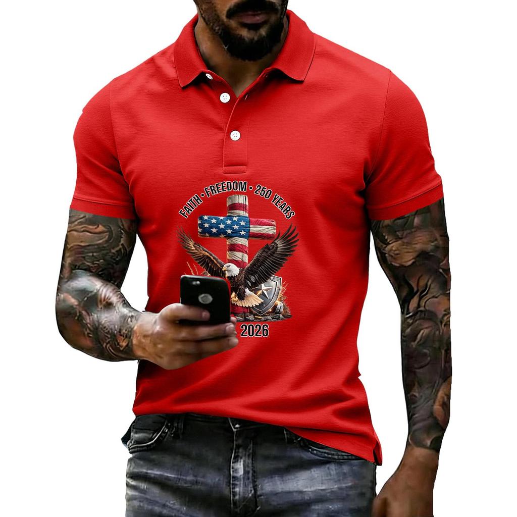 Men's Loose Fit Casual Short Sleeve Polo Shirt with Patriotic Graphic Print 250 Years Commemoration 1776-2026 Cotton Blend Comfortable Design