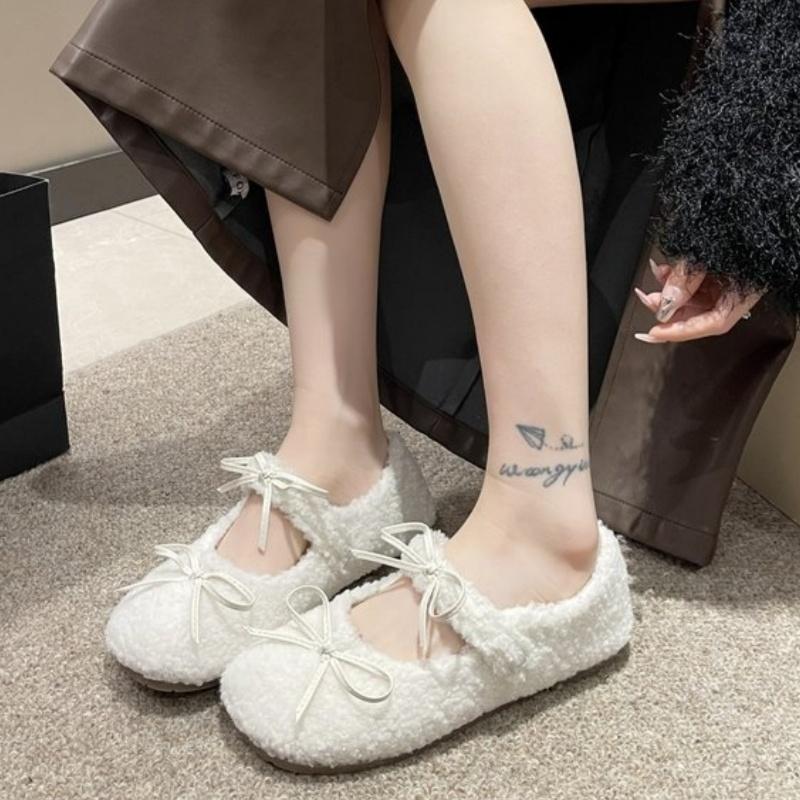 Winter Wool Lamb Women Flats Shoes 2025 Fashion Shallow Slip On Ladies Flats Butterfly Knot Indoor Warm Soft Sole Women Shoes