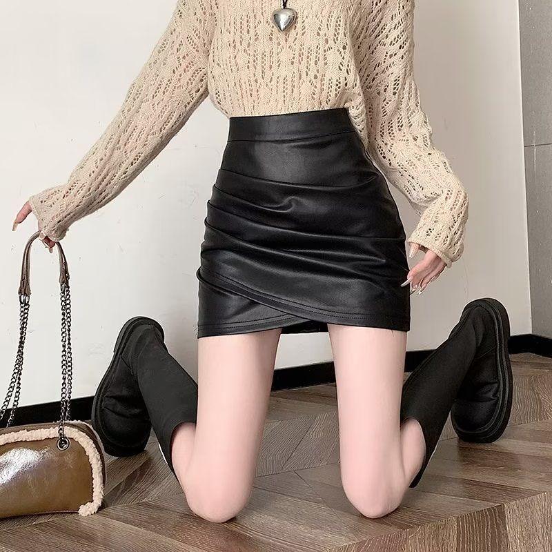 

Leather Skirt Women s Autumn and Winter New Black Small A-line Skirt High-waisted Temperament Hip-hugging Short Skirt S чёрный