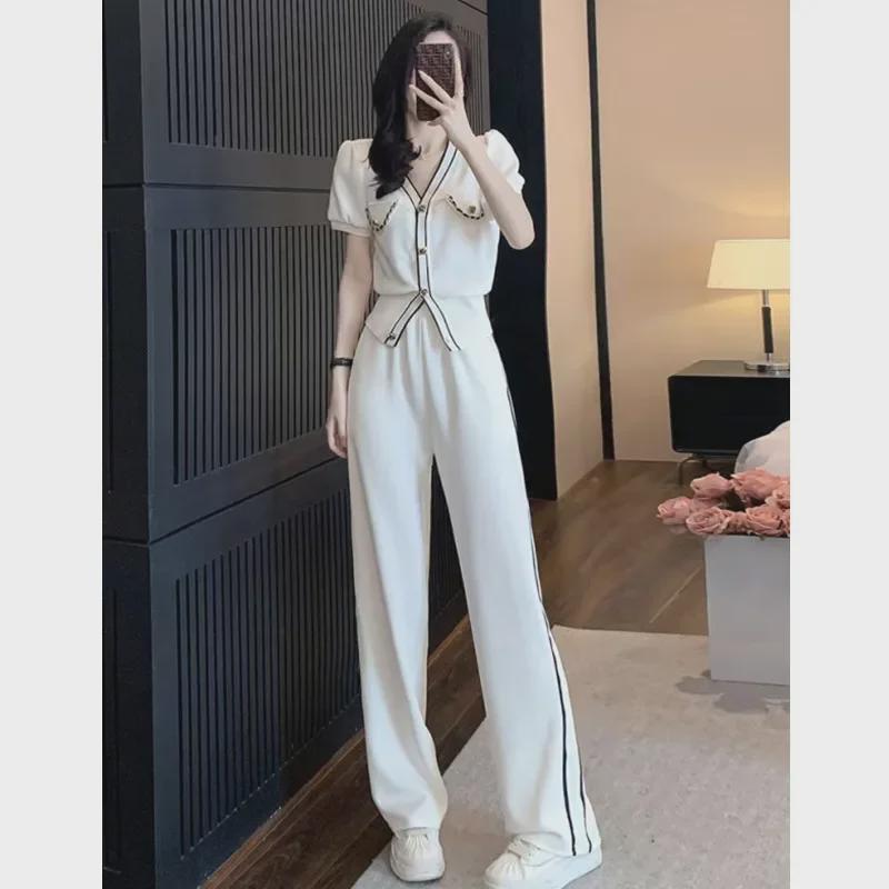 Goddess-Style V-Neck Casual Two-Piece Suit with Slim Wide-Leg Pants, 2025