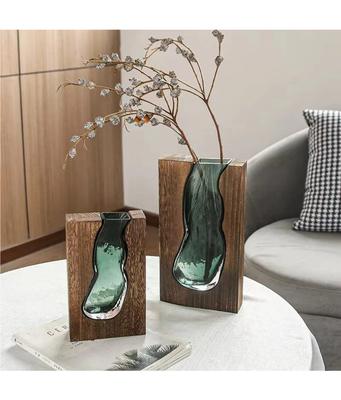 Solid Wood Transparent Glass Vase for Home Decor Crystal Flower Vase Modern Centerpiece for Living Room/Hotel Lobby Decoration