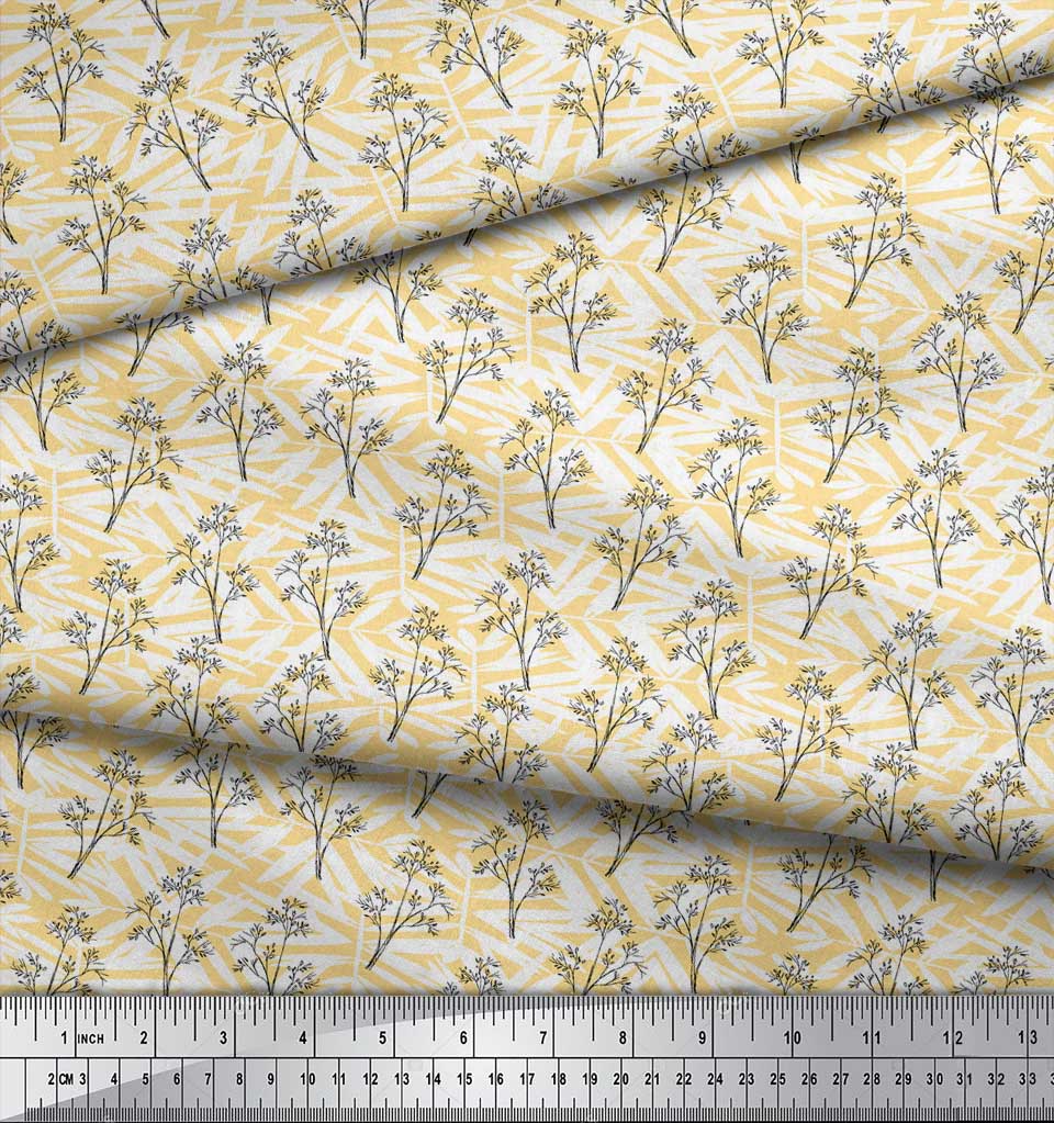 Soimoi Blue Poly Crepe Fabric Silhouette Branch Leaves Print Fabric by metre 42 Inch