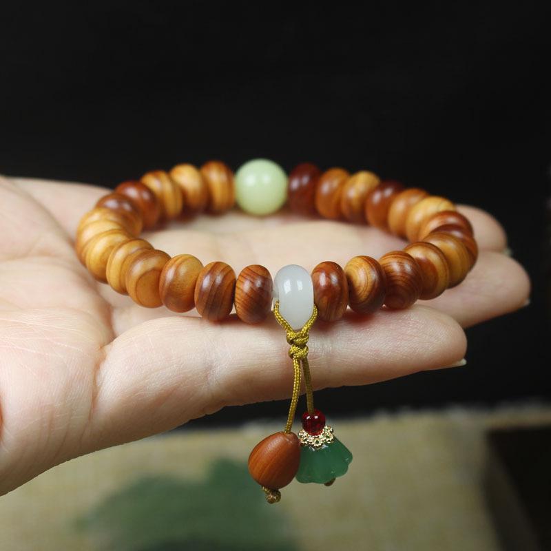 Aged Cypress Wood Abacus Bead Women s Bracelet with Emerald Lotus Seed Prayer Beads 9mm