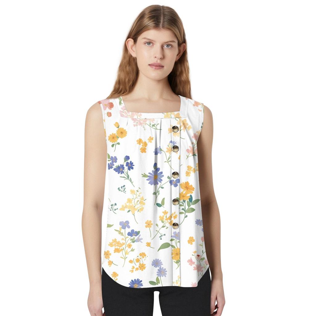 Women's Fashion Casual Basic Pleated Plain Button Square Collar Sleeveless Vest Print Summer Tank Tops
