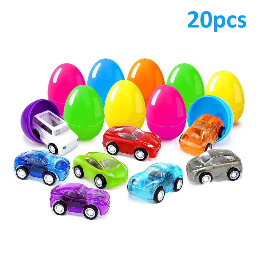 20Pcs Filled Easter Eggs with Toy Cars Bright Colorful Easter Eggs Prefilled with Various Pull Back