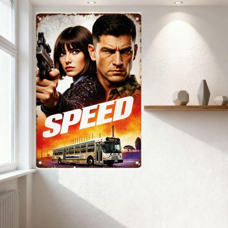 SPEED Film Metal Tin Sign, Vintage Movie Poster Wall Decor with Two Characters & City Bus, Retro Iron Plaque for Home Man Cave B