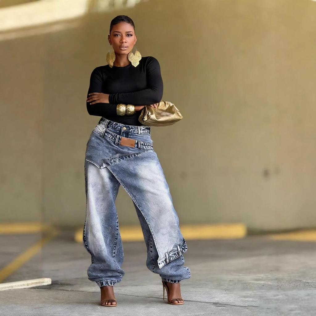 Jeans Damen Vintage Weite Hosen Denims Gewaschen Streetwear Patchwork Flicken Gerade Hosen Used Look Bodenlang 2026