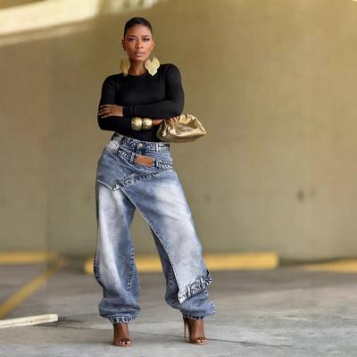 Jeans Femme Vintage Pantalon Large Denims Lavé Streetwear Patchwork Patchs Pantalon Droit Usé Longueur Sol 2026
