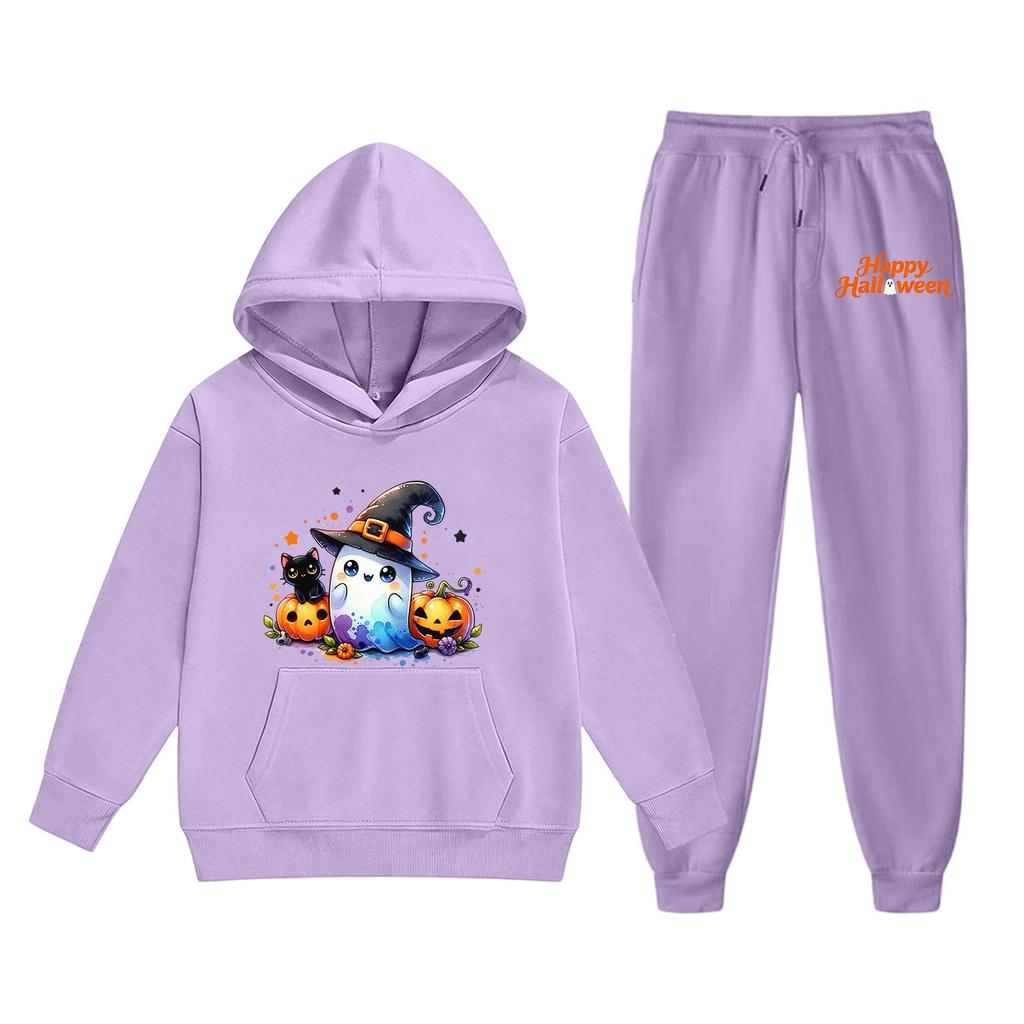 Kids Halloween Hoodie Set Ghost Pumpkin Print Long Sleeve Pullover Sweatshirt with Hood and Matching Pants Comfortable Fit for Boys and Girls
