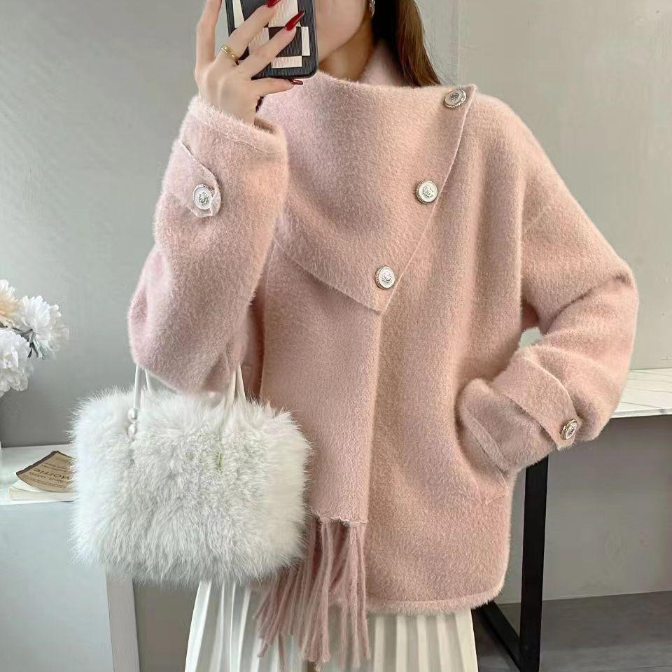 

Французский розовый шарф Дофаминовый свитер Пальто: Женский зимний кардиган крупной вязки свободного кроя S