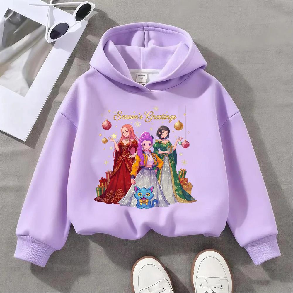 Festive Christmas Kids Hoodie with Adorable Anime Girls and Cute Cat Design for Season's Greetings